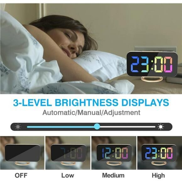 LED Digital Mirror Clock Large Display USB Charger Desk Wall Alarm Bedroom - Picture 5 of 8